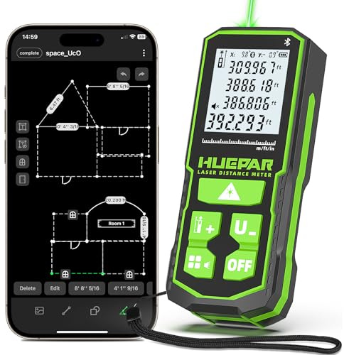 395FT Bluetoothed Green Laser Measuring Tool with Angle Sensor, Huepar 1/16in Accuracy Laser Distance Measurement Tool, Digital Laser Room Measuring Device, Laser Distance Meters