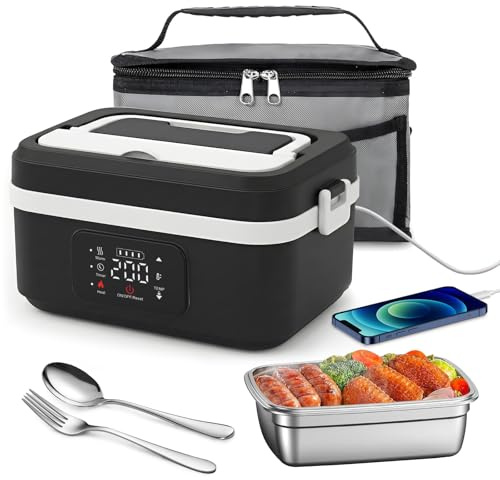 Scaldavivande Elettrico Portatile, Scaldavivande a Batteria Ricaricabile 1L Lunch Box Elettrico, Scalda Vivande per Adulti in Acciaio Inossidabile, Scaldavivande USB con Stoviglie e Borsa Termica