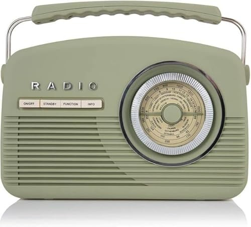 PFD-A60010VDABSG Retro DAB Radio and FM. Nostalgic 1950s, 1960s Design. Electric and Battery Powered. 14 watts. LCD Digital Display, 20 Radio Presets, Alarm Clock Radio, UK MODEL (Sage Green)