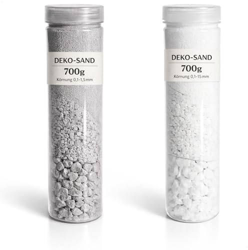 com-four® 2X Dekosand grau und weiß je 700 g - Bastelsand mit Körnung 0,1-15 mm - Farbsand für Windlichter, Glasvasen und Tischdeko - Dekosand für Basteln und Dekoration