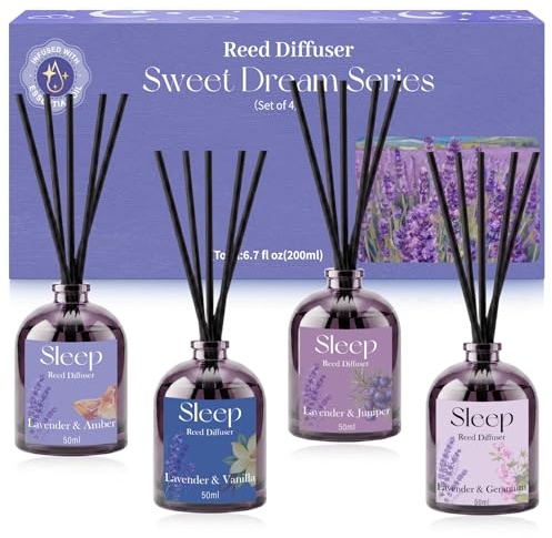 SCENTORINI Vass diffusor presentset 4-pack, Sweet Dream Series lavendel rumsspridare med eteriska oljor, 4 x 50 ml doftspridare för hem, för sovrum, badrum och gåva att ge