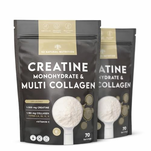 N2 Natural Nutrition. Creatina Monohidratada + Multi Colágeno Hidrolizado con Vitamina C en polvo (70 Dosis) 3000mg Creatina + Colágeno I,II,III,V y X. Sin Sabor. 2 Unidades