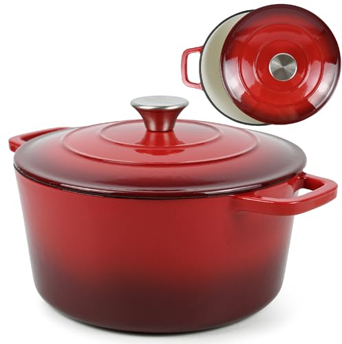ANDREW JAMES Cast Iron 5L Round Casserole Dish with Lid – Enamel Coated Dutch Oven for Bread Baking, Stews, Roasting & Braising – Oven Proof Cast Iron Pan, No Seasoning Required (Red)