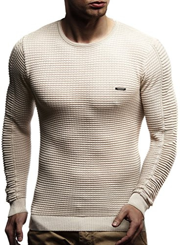 Leif Nelson Maglione Uomo Girocollo Felpa a Maglia LN-1545 Beige Chiaro Large