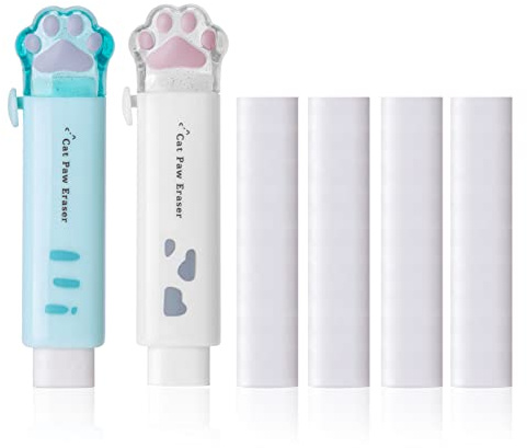 Infällbart suddgummin, sött infällbart glid suddgummipenna barn katt Paw Shaped radergummi, penna 2 ytterfodral med 6 påfyllningsradergummin för barn, studenter (vit, grön)