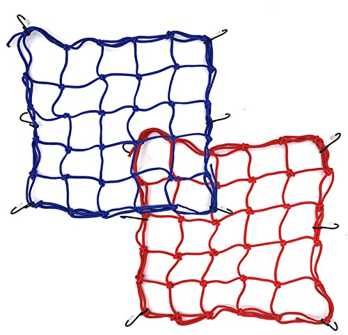 FORYNXHWIN Lot de 2 filets élastiques pour casque de moto, 38,1 x 38,1 cm avec 6 crochets réglables, sangle élastique en caoutchouc pour porte-bagages de casque de vélo, moto (rouge et bleu)