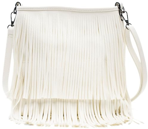 Big Handbag Shop Dakota - Bolso de hombro con flecos y borlas para mujer - Bandolera de piel sintética con correa larga, White, Medium