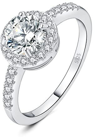 JewelryPalace 1.55ct Halo Moissanite Bague Taille Rond Pierre Argent Massif 925 Femme, Diamant Simulé Bague Fiançailles Mariage Promise Alliance, Ensemble Bijoux Mariee Cadeau Anniversaire