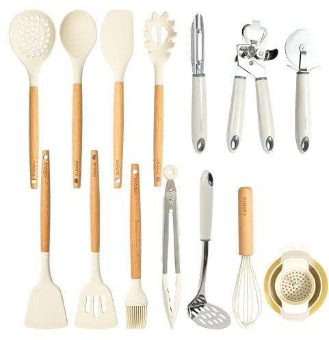 CAROTE Utensili Cucina Silicone 16 pezzi, Utensili da cucina antiaderenti resistenti al calore con manico in legno per cucinare,cuocere al forno, senza BPA, Lavastoviglie