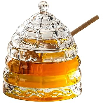 GMFINE Tarro de miel de vidrio con varilla de madera, recipientes de miel de colmena con cuchara y tapa para almacenar miel y jarabe, 10 onzas, transparente