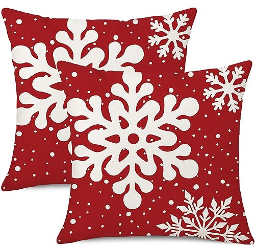 Ohok 2er Set Dekorativ Weihnachten Kissenbezug 45x45 cm, Polyester Leinen Zierkissenbezüge Merry Christmas Kissenbezüge Dekor Kissenhülle Set für Schlafzimmer Wohnzimmer Sofa (Rot Schneeflocke)