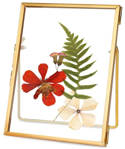 REDHUGO Glass Pressed Flower Frame Handmade, Floating Picture Frames for Pressed Flowers, Tabletop Artwork Photo Frames, Brass Desk Picture Frame for Home Office Plant Specimen