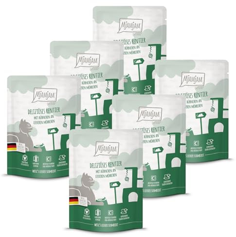 MjAMjAM - Comida húmeda Premium para Gatos - Quetschie - Reno Exquisito con Pollo y Zanahorias gustosas, Pack de 6 (6 x 300 g), sin Cereales con Extra de Carne
