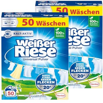 Weißer Riese Universal Pulver 100 Waschladungen (2x 50 WL), Vollwaschmittel wirkt riesig stark gegen Flecken, Kalt-Aktiv schon ab 20° C, ergiebiges Waschpulver, ideal für Familien mit Kindern