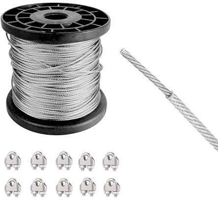 WENLISELL 10m Stainless Steel Wire Cable with M5 Cable Clamp, 7x7 Strand Core 5mm Wire Rope for Garden, Fence, Hanging