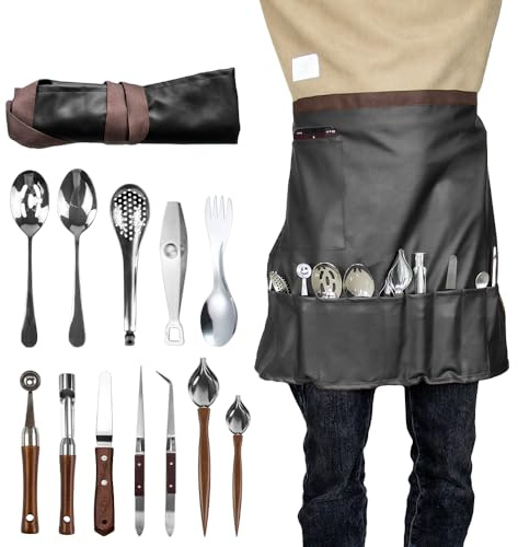 DUEBEL Kit profesional de chapado de chef con delantal, juego de chapado culinario de 13 piezas, herramienta de chapado de acero inoxidable para chapado en restaurantes, cocina en casa y eventos de
