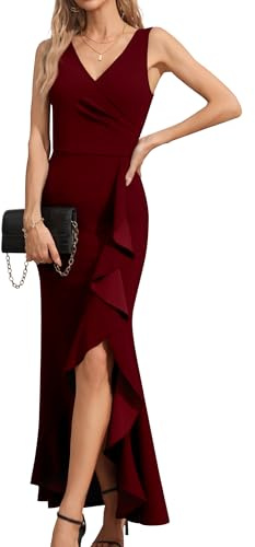 Missufe Robe de soirée pour femme - Col en V - Sans manches - Volants - Fente - Bodycon - Robe de cocktail, bordeaux, M