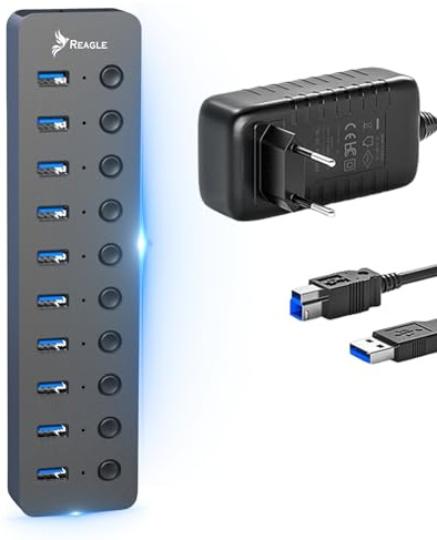 Reagle HUB 10IN1 USB 3.2 Gen 1 Hub mit 10 Ports 10 Daten, 5 Gbps Datenübertragung, 36W Netzteil, Einzelschalter pro Port, Plug & Play, LED-Anzeigen, Aluminiumgehäuse