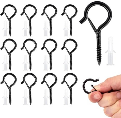 KINGLAKE Screw in Hooks, 12 Pcs Q Hanger Hooks for Outdoor Christmas String Light, Safety Buckle, Fence Celling Black Screw Hook for Wood Wall Hanging Fairy Lights Plants Bird Feeders Cups
