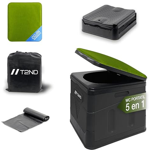 T2ND® Inodoro Portátil Plegable 5 En 1 Ligero Compacto Multiusos Para Camping Viajes Furgoneta Playa Emergencias Baño Exterior Incluye Bolsa Cojín Reutilizable Resistente Fácil De Transportar