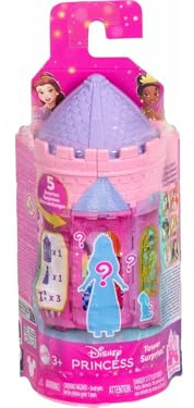 Mattel Disney Princess Tower Surprise Kleine Puppen & Zubehör, stapelbare Spielsets mit 4 Überraschungen & Freund aus Disney Filmen (Stile können variieren)