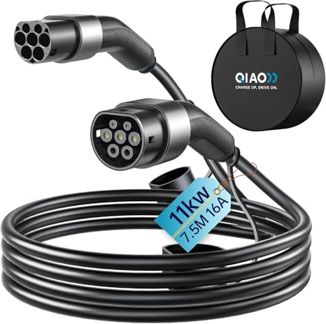 QIAO Cable de Carga Tipo 2 Trifásico 11 kW 7.5 m 16 A, IEC 62196 EV para Vehículos Eléctricos con Bolsa de Transporte