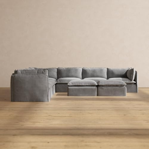 Anabei Modular Washable 7-Seater Corner Sectional + Bench Ottoman in Ash | Deluxe+ Seat | Cloud Pillow