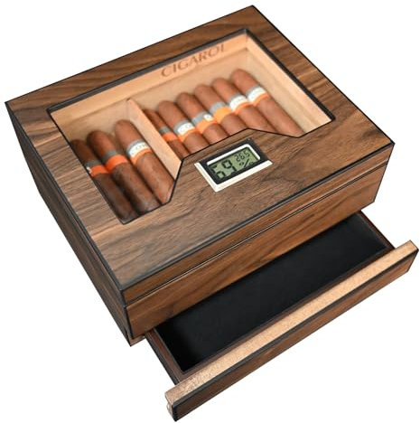 Volenx Humidor Sigari, Portasigari in Legno di Cedro con Igrometro e Umidificatore, Humidor per Sigari Fatto a Mano con Cassetto per 25-30 Sigari, Perfetto Regalo per Uomo (Sigaro Non Incluso)