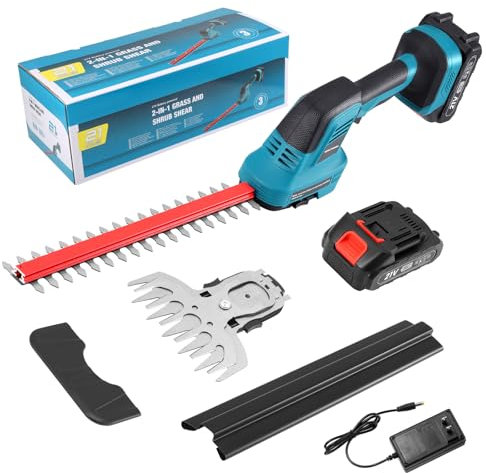 Cordless Hedge Trimmer, 2-in-1 21V Electric Hedge Trimmer & Grass Shear with 2x1500mAh Lithium-Ion Battery & Charger, 2 Blades, Lightweight Handheld Garden Cutter for Grass Shrub Lawn Branches Pruning