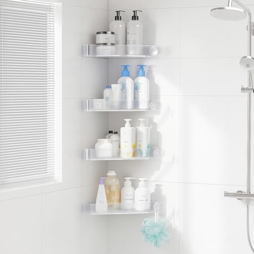 Sotfamily 4 Piezas Estanteria Ducha Sin Taladro, Estante Baño de Esquina Cesta, Plastico Extraíbles Estanterias, Estante Ducha con 6 Ganchos autoadhesivos, Estanteria Baño Autoadhesivos, Helado Claro