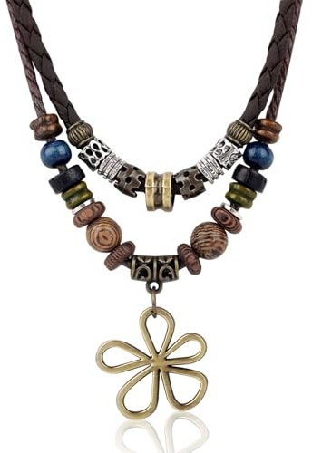 Mikovivi Multi-Layer Boho Wood Bead Necklace, Bohemian Hollow Flower Pendant Necklace Vintage Ethnic Tribal Style Jewelry Accessories for Women and Men