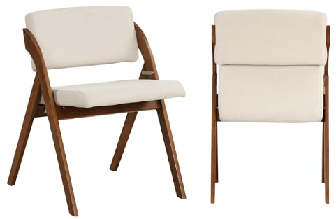 COSTWAY Padded Folding Chair Set of 2, Wooden Counter Dining Chairs with Linen Fabric Seat, Backrest & Rubber Wood Legs, Modern Upholstered Kitchen Office Conference Seats, No Assembly (Walnut+Beige)