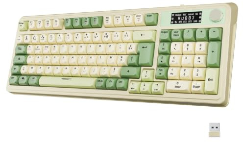 NEWWAY NK251 - Trådlöst uppladdningsbart tangentbord, digital LCD-display, multifunktionshjul - franska AZERTY - trippelläge (WiFi 2,4 GHz, BT, USB-C) - RGB-bakgrundsbelysning - USB-mottagare på