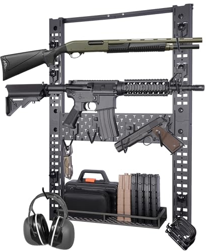 BOOSTEADY Support Armes Mural Modulaire avec 10 Crochets en J, Porte Fusil de Chasse Mural Supporte Jusqu'à 120LBS avec Étagère de Rangement Supplémentaire, 31,8 x 22 Support de Pistolet Tactique