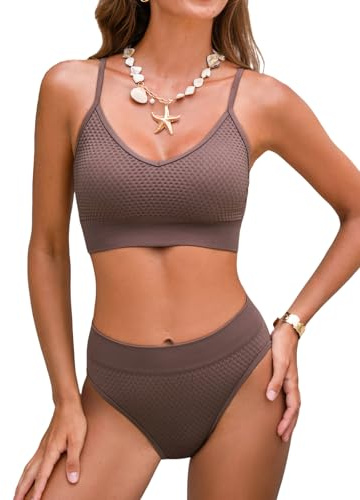 CUPSHE Women's Bikini Sets Two Piece Swimsuit Sporty Mid Rise Scoop Neck Adjustable Spaghetti Straps Textured Midkini, L Taupe Brown
