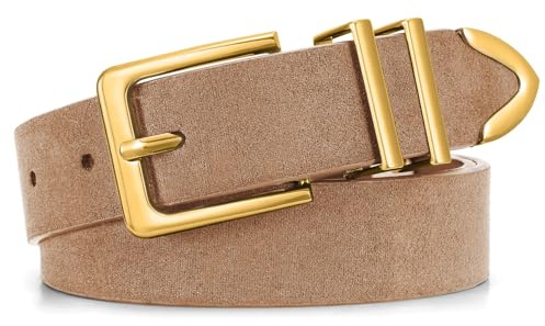 JASGOOD Ceinture Femme Cuir Suédé à Boucle Dorée Ceinture Taille Décontractée Mode pour Jeans et Pantalons,Kaki,Taille 81-94 cm(Longueur 110 cm)