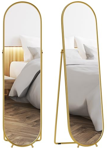 HOMCOM Specchio da Terra Ovale Moderno, 50x180 cm Specchio Autoportante a Figura Intera Antiscoppio con Cornice in Metallo e Supporto, per Camera da Letto, Soggiorno e Ingresso, Oro