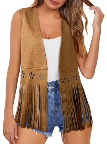 Women's Fringe 70s Hippie Vests Sleeveless Faux Suede Open-Front Vintage Tassel Waistcoats Western Jacket Cardigans