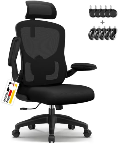 Aiidoits Bürostuhl, Bürostuhl Ergonomisch, Schreibtischstuhl mit 5D-Lendenwirbelstütze und Kopfstütze, 90° klappbaren Armlehnen, Schreibtischsessel Neigbar bis 135°, Office Chair,mit Gummiröllchen