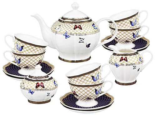 fanquare 21 Pezzi Servizio da Tè Pomeridiano in Porcellana Vintage, Servizio da Caffè con Motivo a Farfalla Colorato, Servizio da Caffè Pomeridiano per 6 Persone