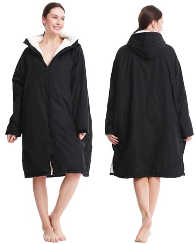 Oksun Waterproof Swim Parka, Windproof Surf Poncho Warm Coat, Recycled Fabric Water Resistent Oversized Sherpa Lining Jacket (Black)