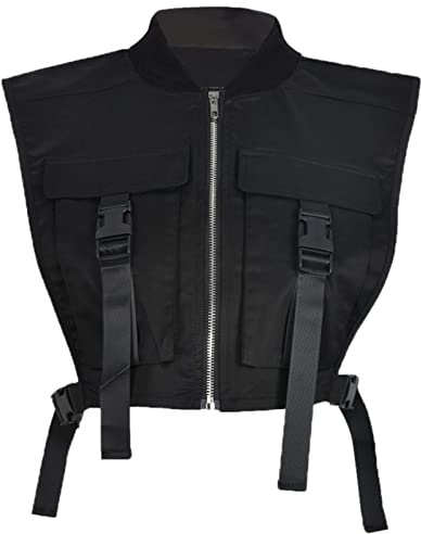 Bnigung Women's Sexy Crop Cargo Vest Sleeveless Buckle Zip Up Vest Jacket Tops Steampunk Streetwear with Pockets(Black,L)