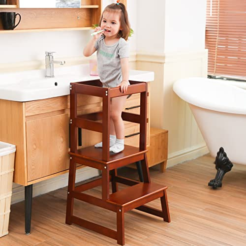 Joylico Kids Kitchen Step Stool for Kids with Safety Rail,Solid Wood Construction Toddler Learning Stool, Montessori Toddlers Kitchen Stool Tower (Walnut)