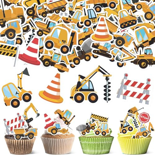 Lot de 64 décorations de gâteau comestibles - Décoration de gâteau d'anniversaire garçon - Excavatrice - Décoration de muffin comestible - En papier comestible - Tracteur - Cupcake - Chariot élévateur