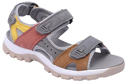 Harssidanzar Women's Sports Hiking Sandals Adjustable Strap Leather Sandals For Women Outdoor Sports Sandals Walking SL256UK,Tan Grey,Size 8 UK