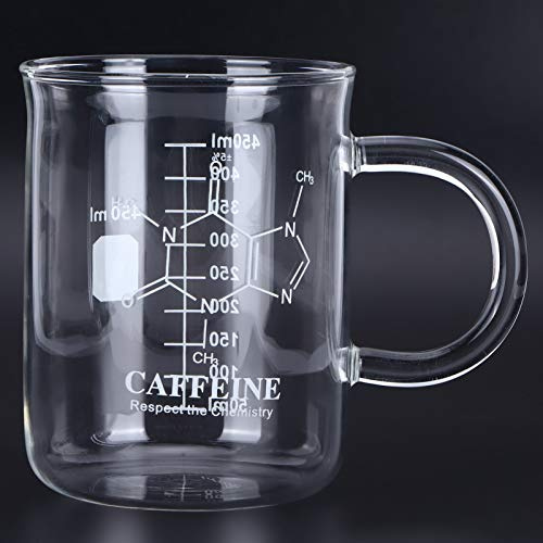 Tazza con Bicchiere in Vetro, 450 Ml/16 Once Tazza con Bicchiere in Borosilicato Divertente Graduato con Manico Scala Per Tazza da Caffè E Diagramma Molecolare della Caffeina Per Gli Amanti della Biol