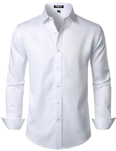 JEMITOP Men's Stretch Wrinkle Free Dress Shirts Formal Wedding Prom Long Sleeve Button Down Shirt Solid White L