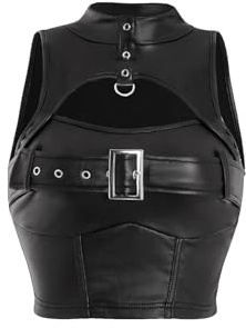 BEAUDRM Women's Faux Leather Tank Top High Neck Cut Out Buckle Front Slim Fit Y2k Crop Tops Black Large