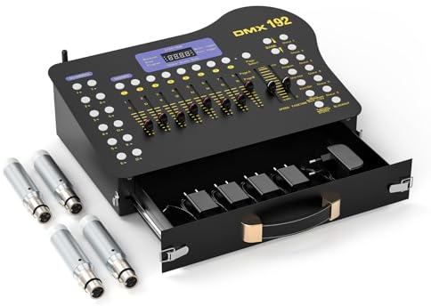 U`King DMX Controlador DJ de 192 canales con cajón, con transmisor DMX inalámbrico, 4 receptores, para controlador DMX 512, fiesta, luz de discoteca, luz de fiesta de Halloween