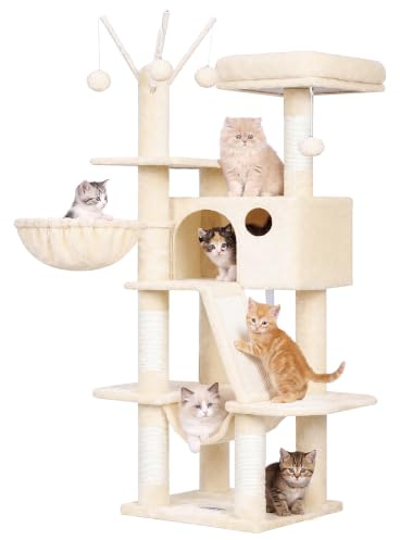 Hey-brother Katträd, 135 cm Kattorn för innekatter, Katthus med vadderad plattformssäng, leksaksbollar, stor mysig lägenhet, hängmattor och klösbrädor av sisal, Beige EMPJ019-SM